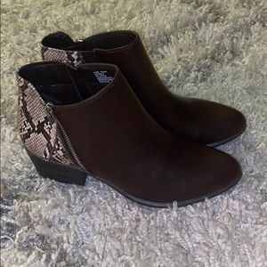 Brown and snake skin ankle boots